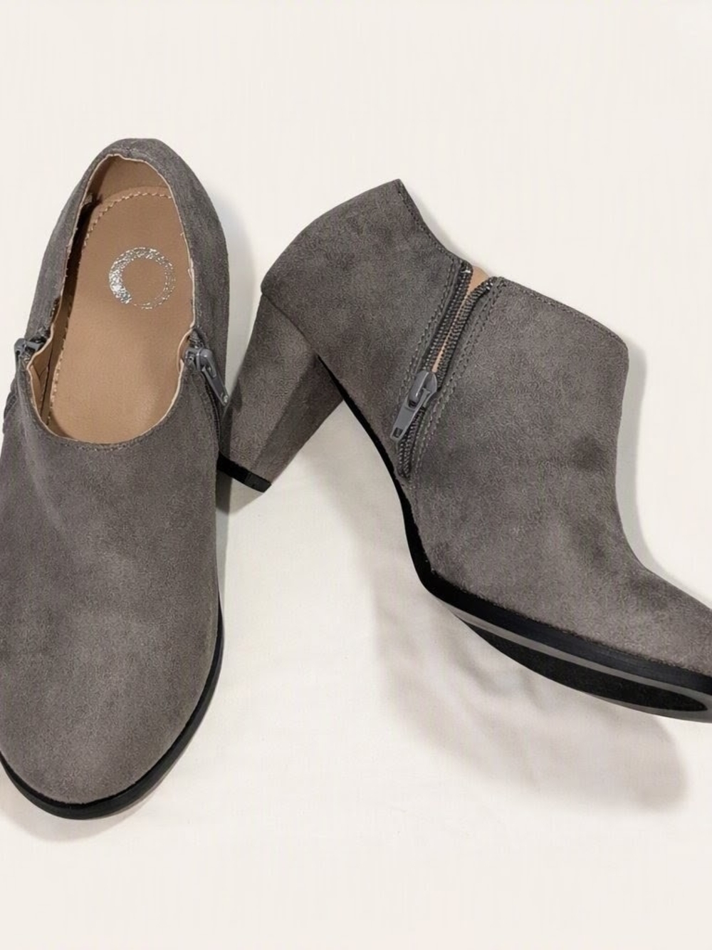 Women's Gray Suede Zip Heel Booties